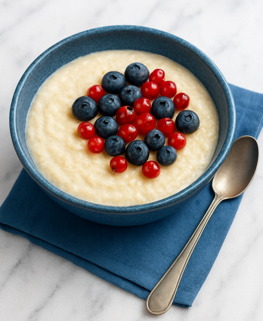 Glutenfreier und veganer Grießpudding mit Johannisbeeren und Blaubeeren griespudding mit beeren