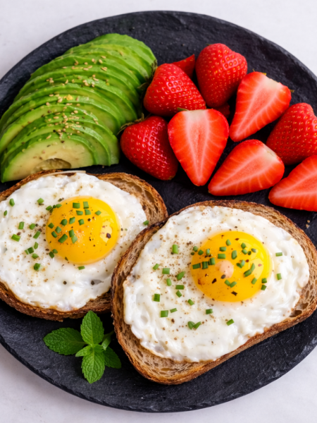 volkornbrot mitspiegeleieravocadounderdbeeren