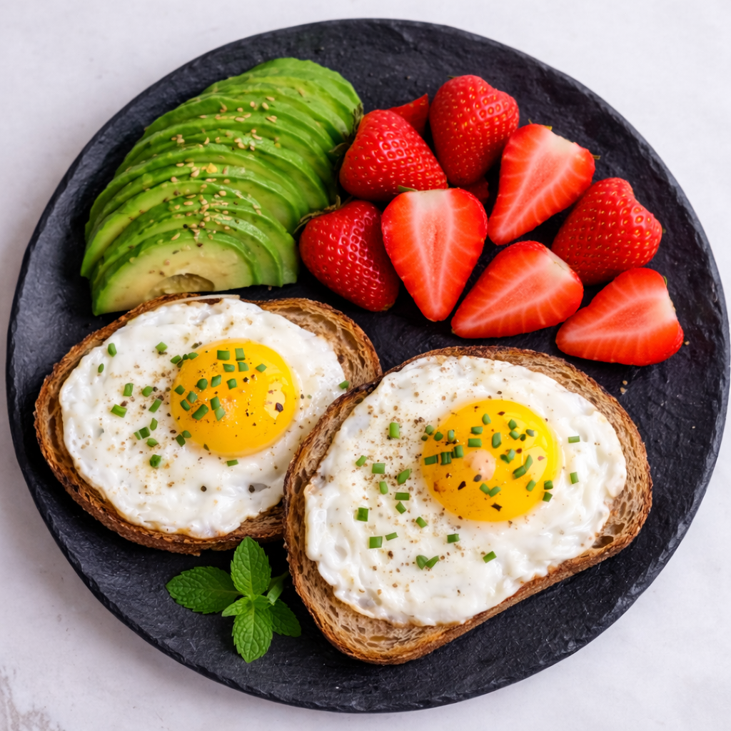 volkornbrot mitspiegeleieravocadounderdbeeren